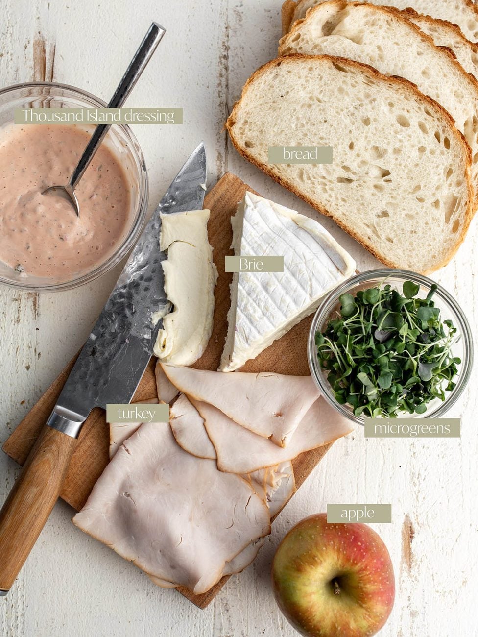 turkey, apple and brie open face sandwich labeled ingredient photo.
