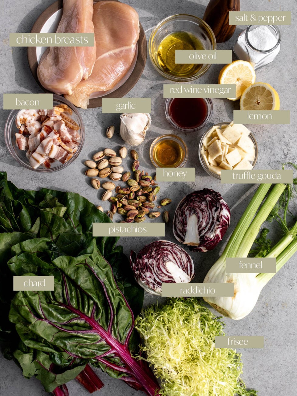 mesclun salad and poached chicken salad labeled ingredients.