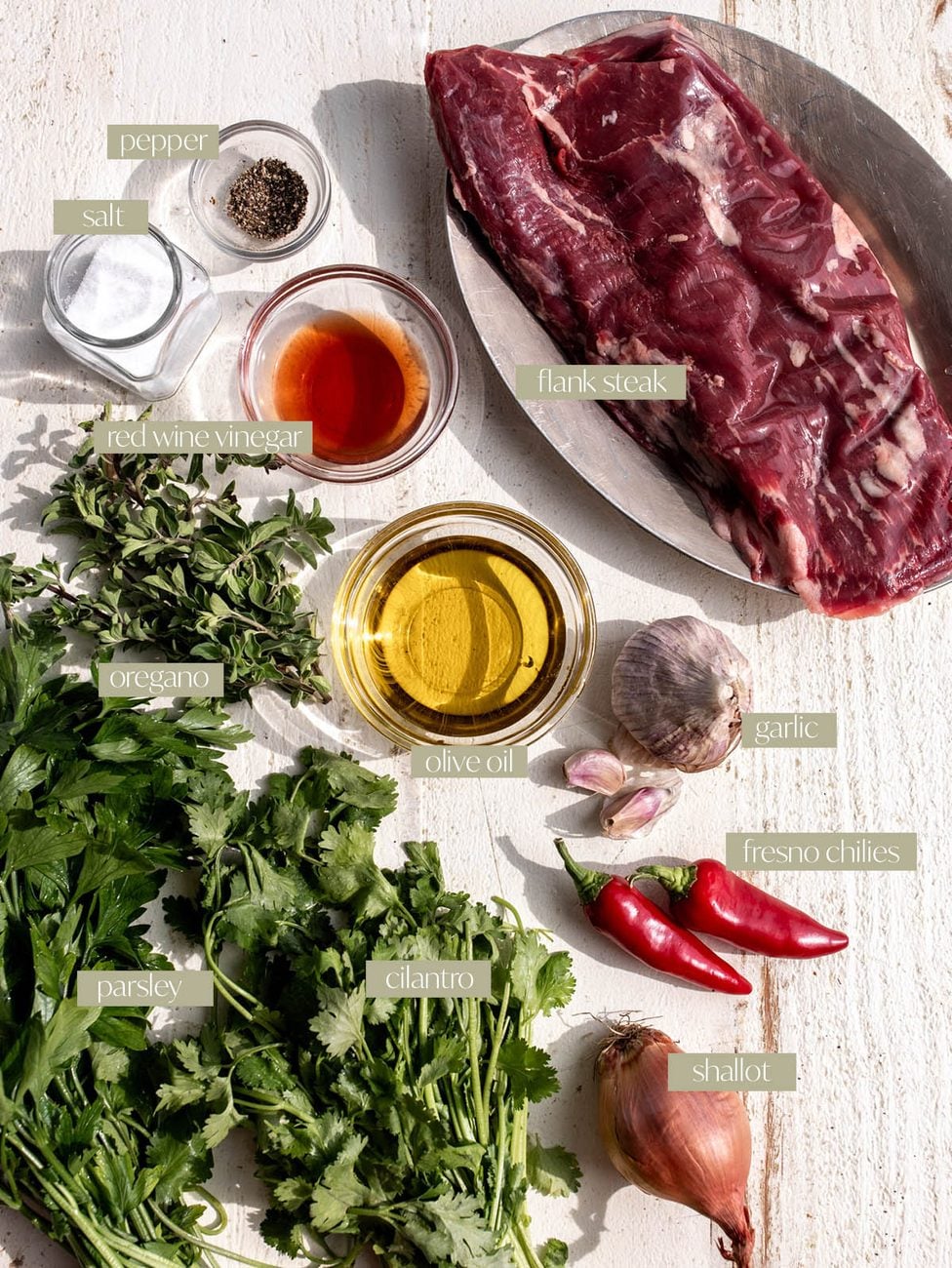 pan-seared flank steak with chimichurri labeled ingredients to make recipe.