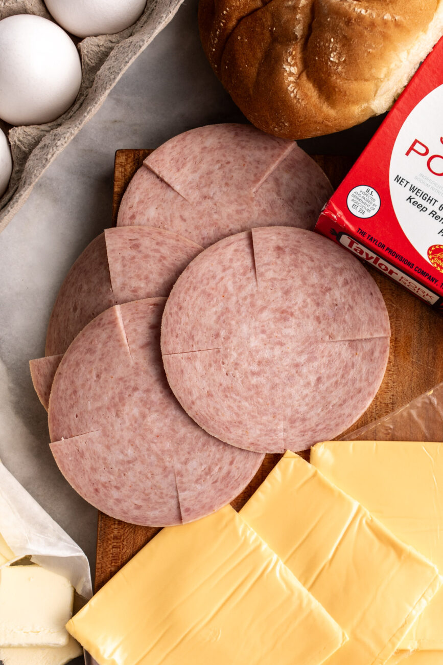 scored slices of taylor ham.