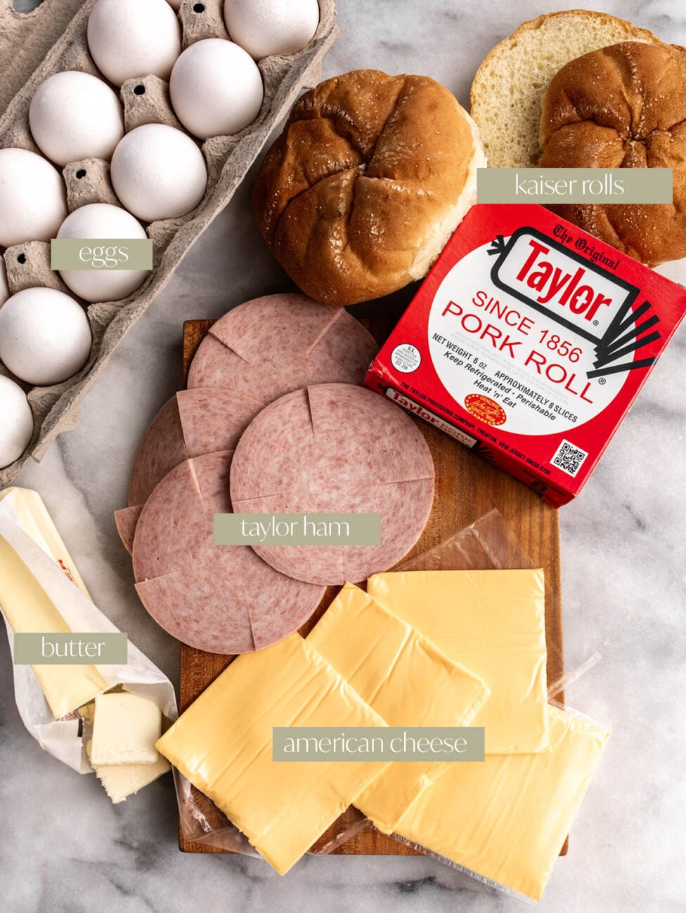 taylor ham egg and cheese labeled ingredient photo.