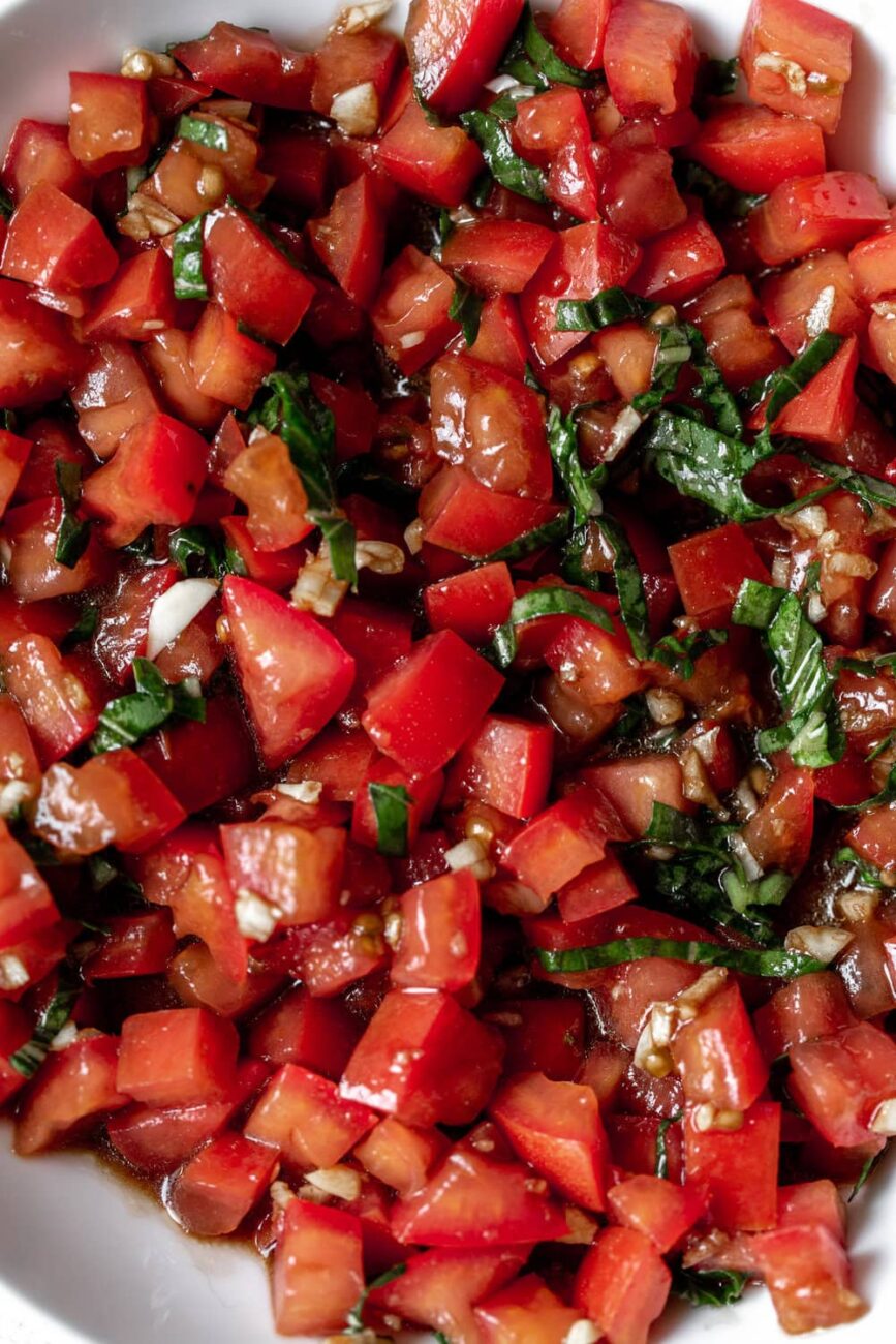 close up bruschetta. 