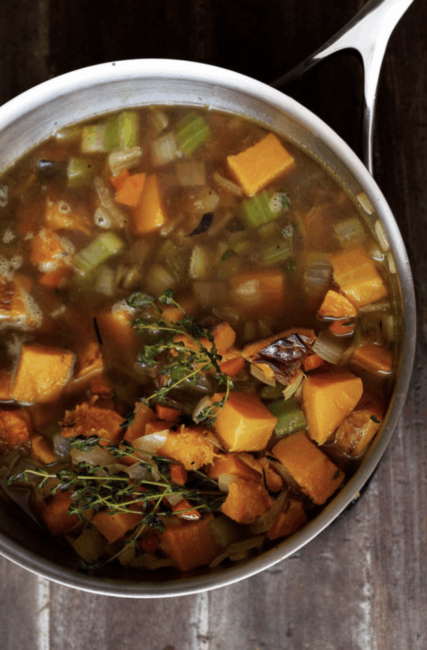 Soup simmering on the stove.