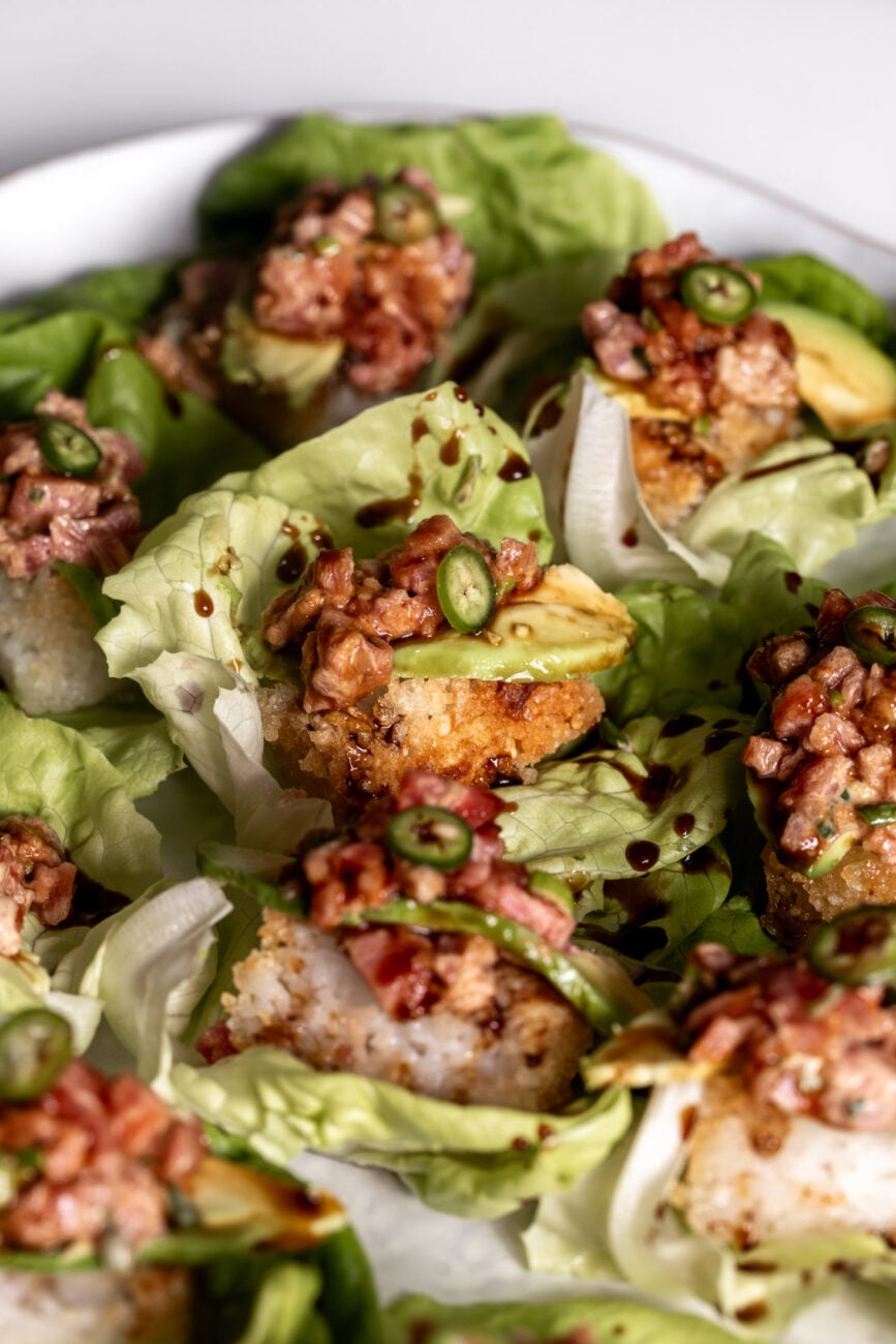 Crispy Rice Topped with Spicy Tuna avocado and jalapeño drizzled with eel sauce.