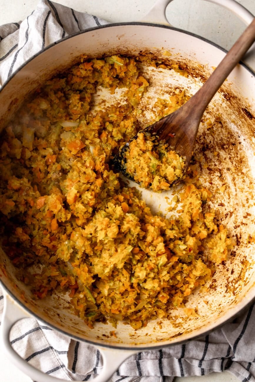 sautéed soffritto vegetables in pot.