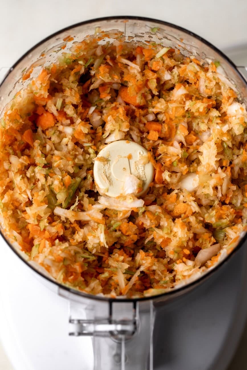 soffrittto onion celery and carrots finely chopped in food processor.