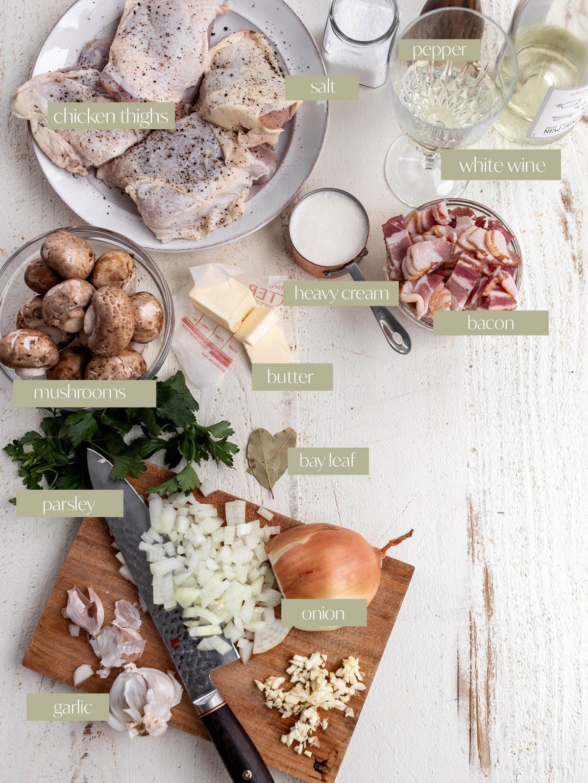 coq au vin blanc labeled ingredient photo.