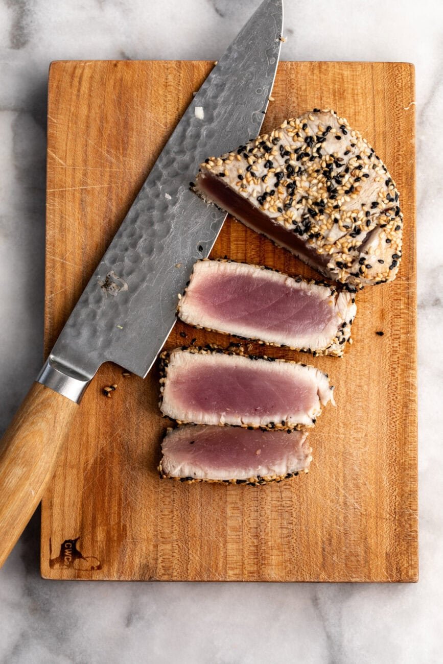 sliced strip of sesame crusted seared ahi tuna.