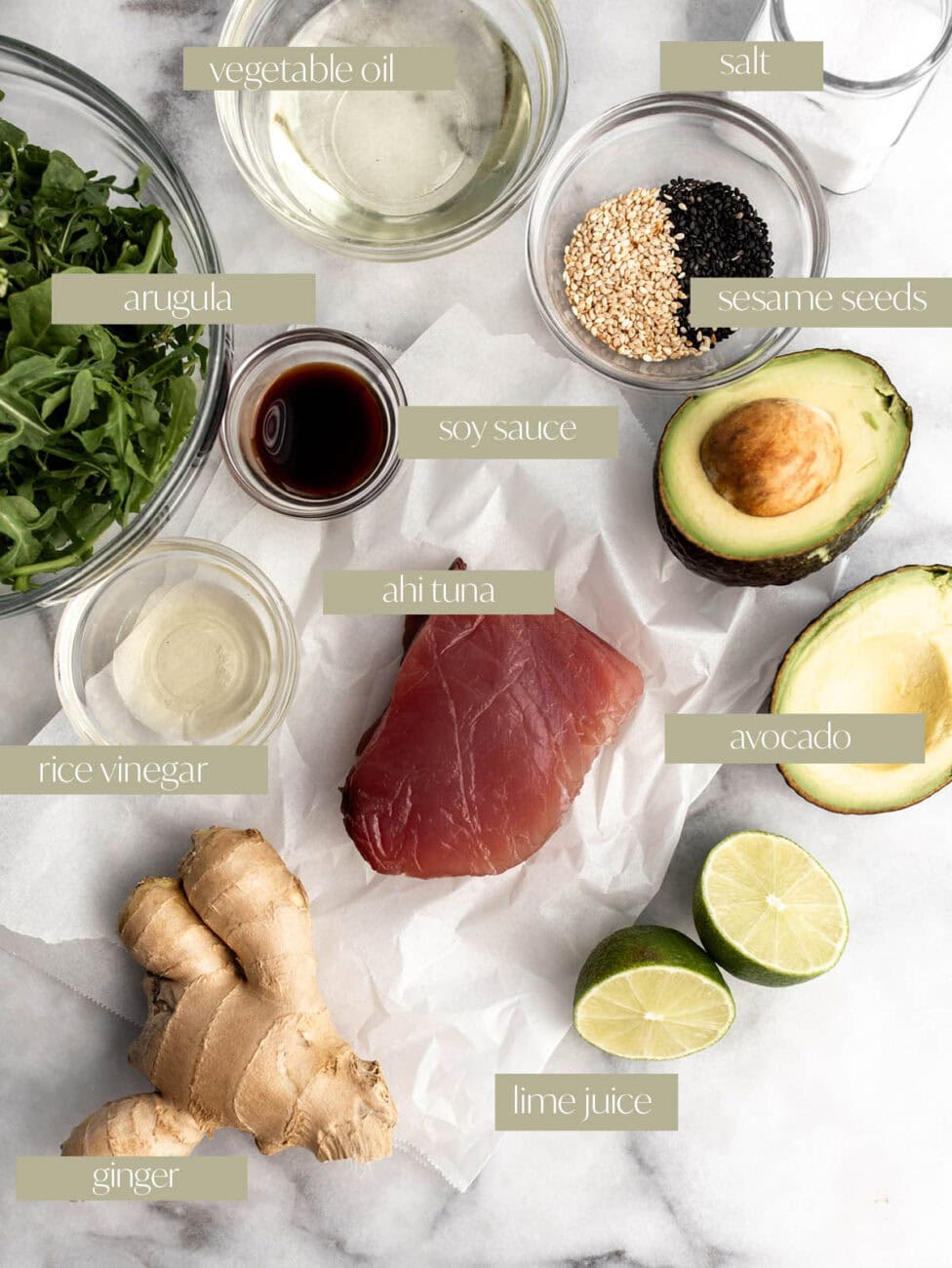 sesame crusted seared ahi tuna salad with arugula labeled ingredients.