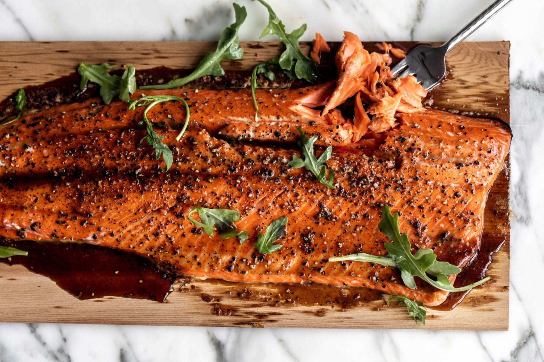 Cedar Plank Salmon with Brown Sugar & Black Pepper.