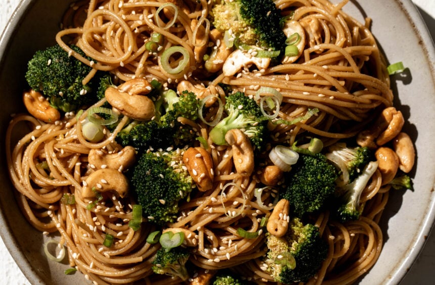 cold chinese-inspired noodles with cashews and coriander.