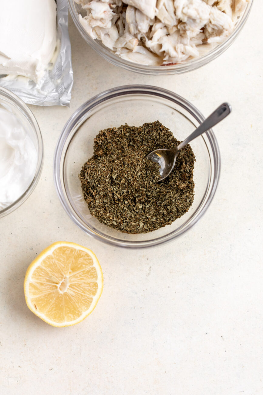 crab dip spice blend in mixing bowl.