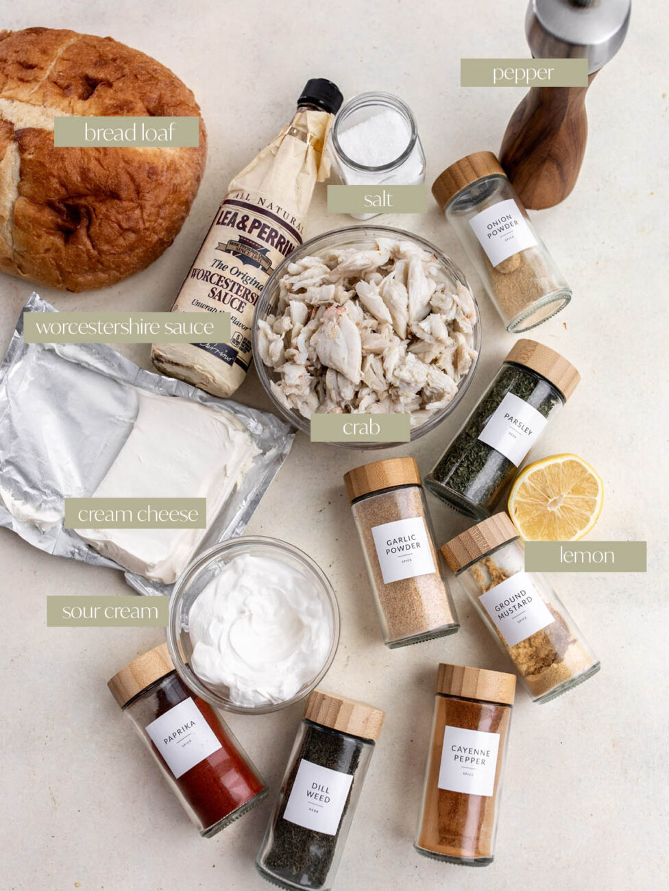 crab dip in a bread bowl labeled ingredient flatlay.