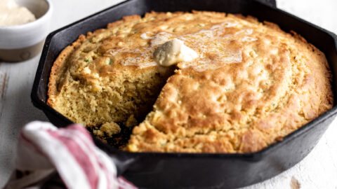 Jalapeño cornbread with whipped maple butter in cast iron skillet