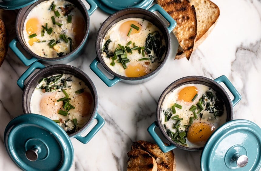 Eggs en Cocotte: Baked Eggs in Ramekins with Spinach & Pancetta.