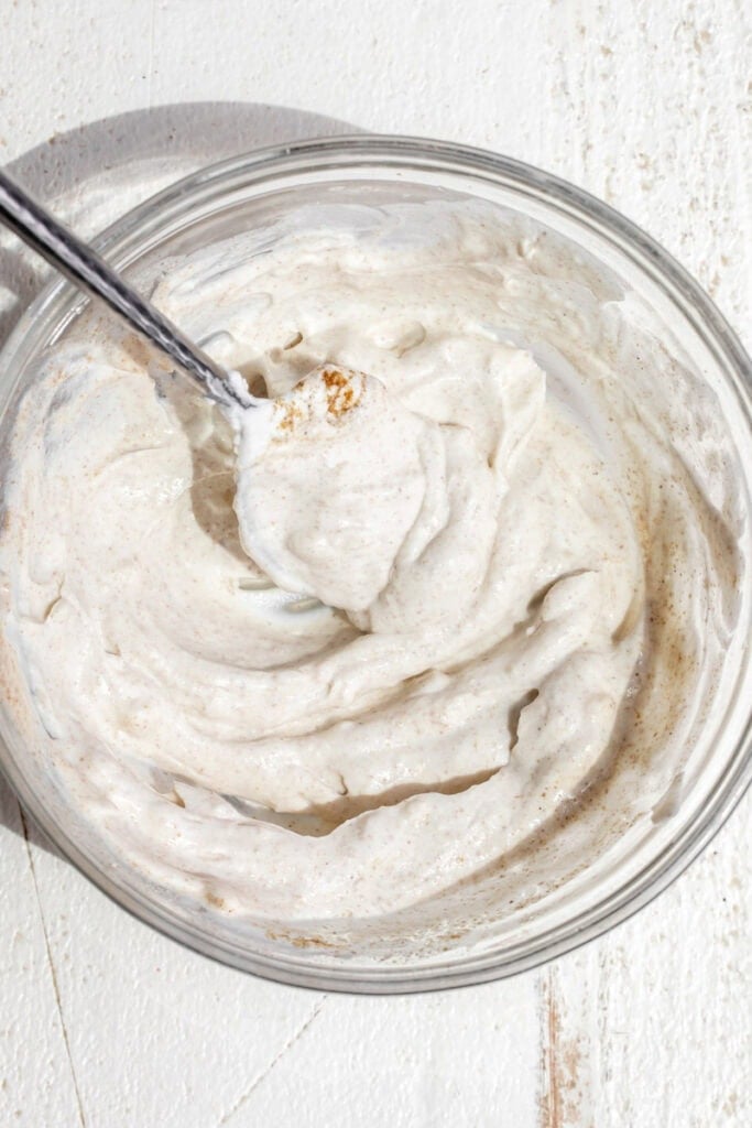 spiced yogurt sauce for halal lamb bowl.