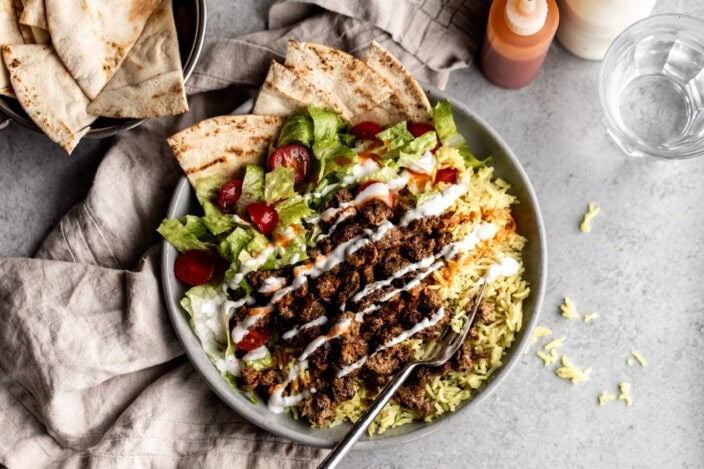 NYC Halal Truck Lamb Platter with pita.