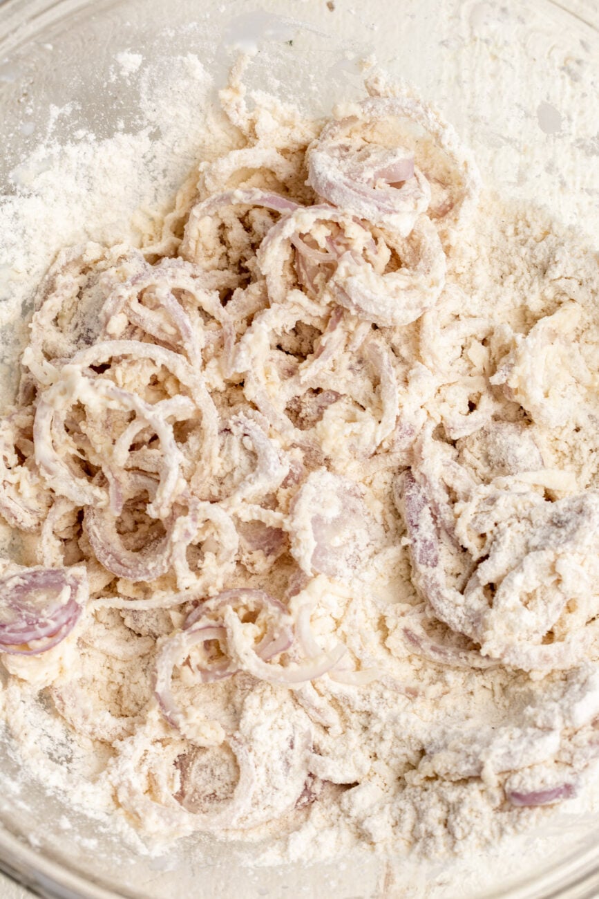 dredged sliced shallots in buttermilk and flour.