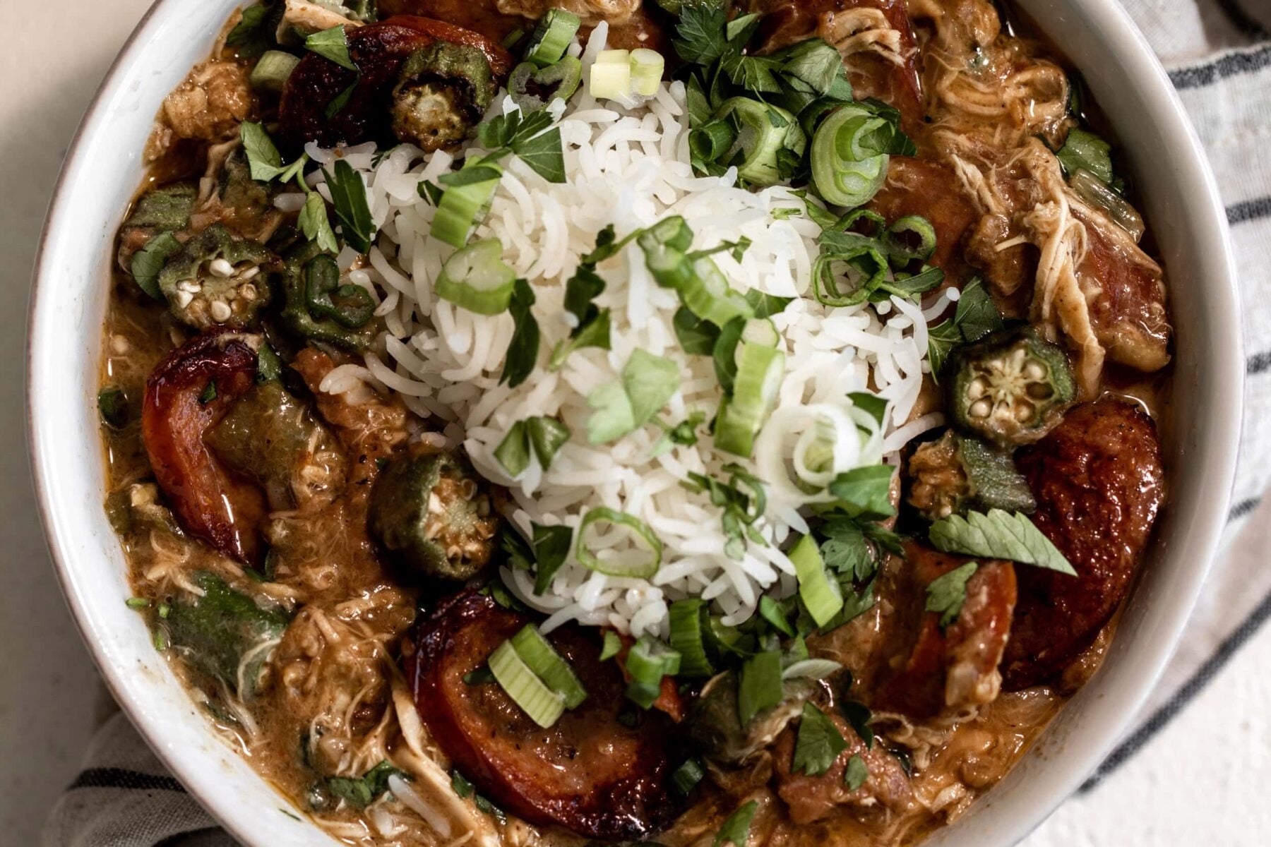 Chicken and andouille sausage gumbo topped with green onion.
