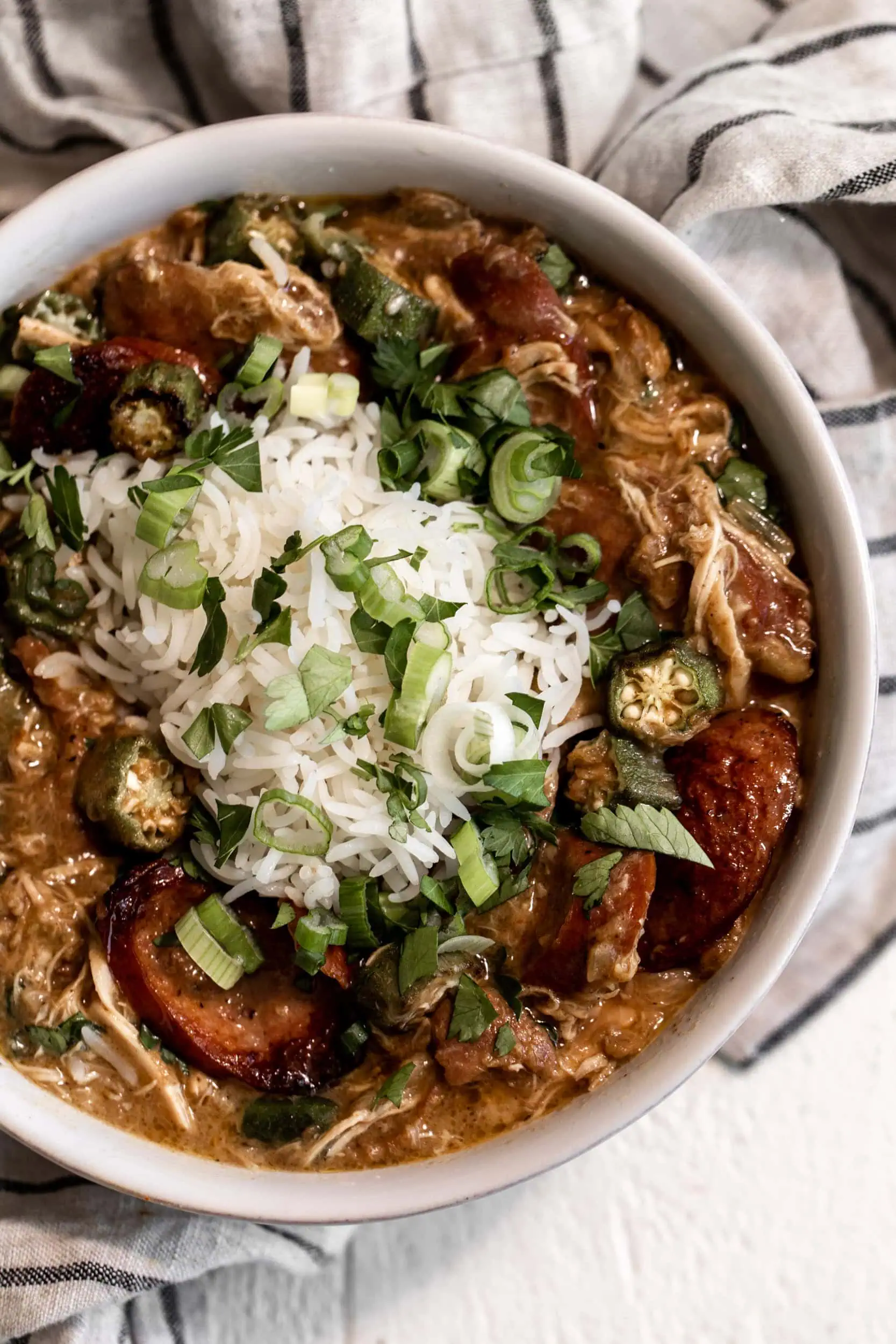 Chicken & Andouille Sausage Gumbo topped with rice and green onion