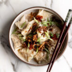 spicy sichuan wontons filled with pork and shrimp with chili oil, chili sauce and crispy shallots