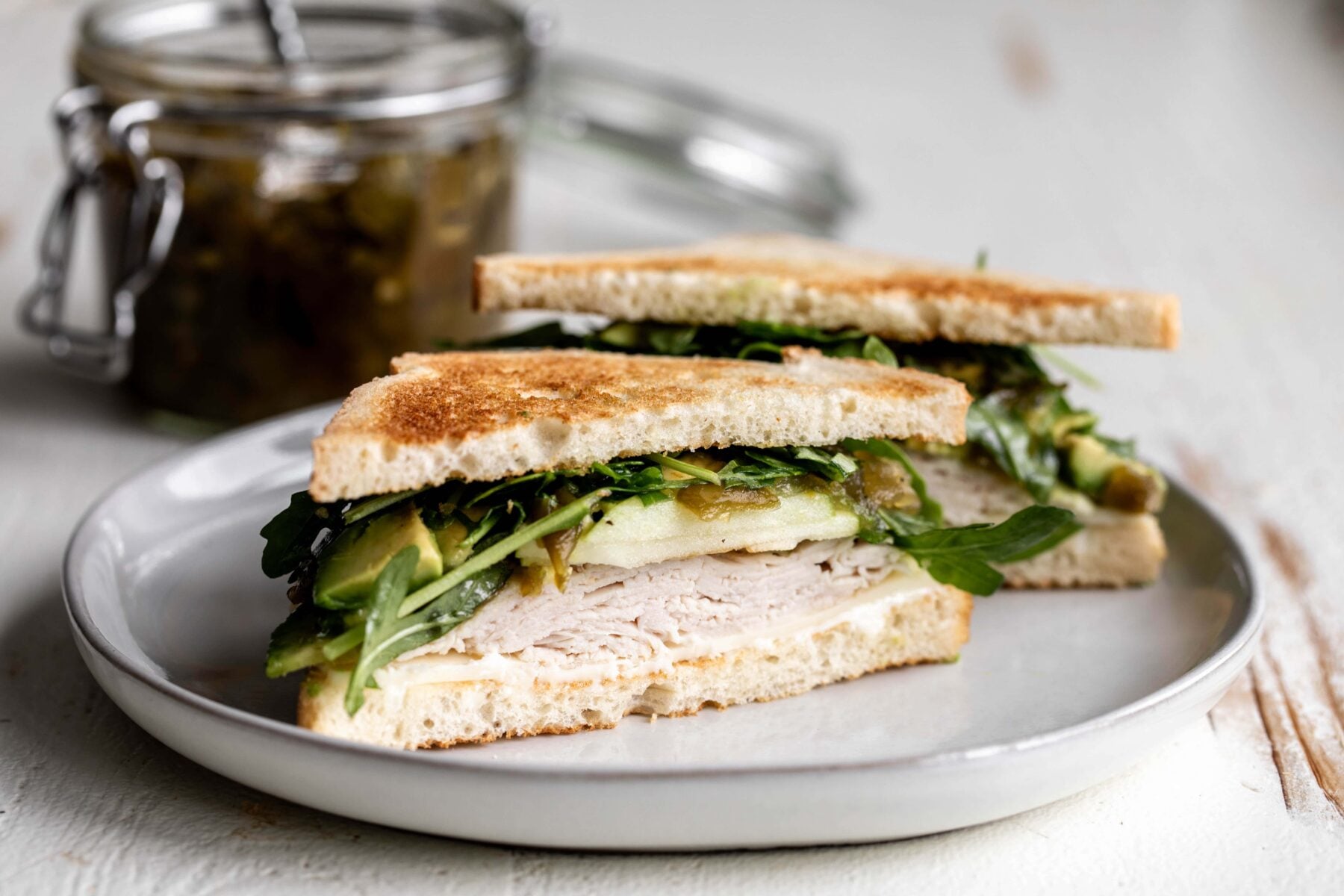 Turkey sandwich with hatch pepper apple chutney.