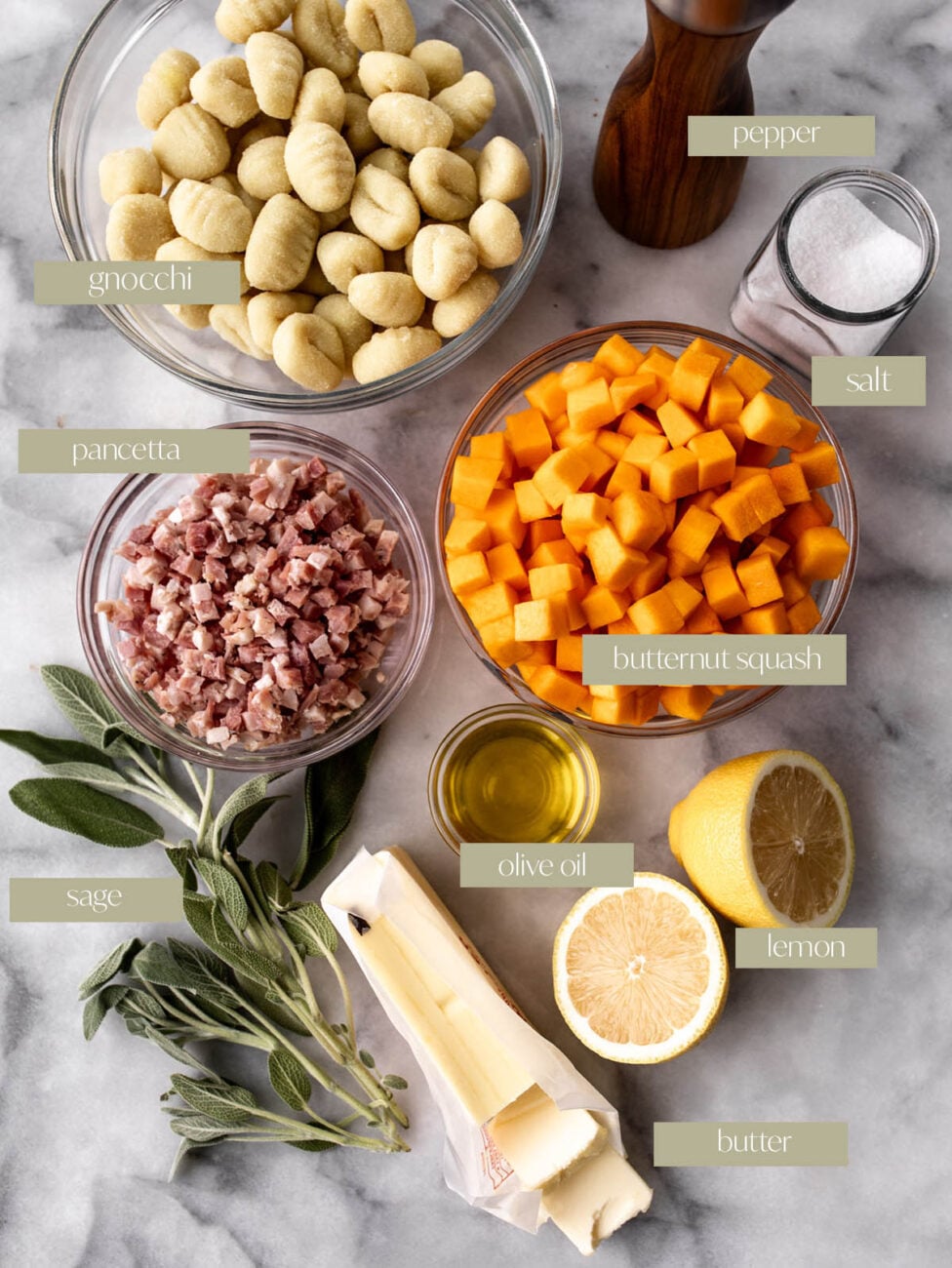 Fall Gnocchi with Butternut Squash, Brown Butter, Pancetta & Sage labeled ingredient photo.