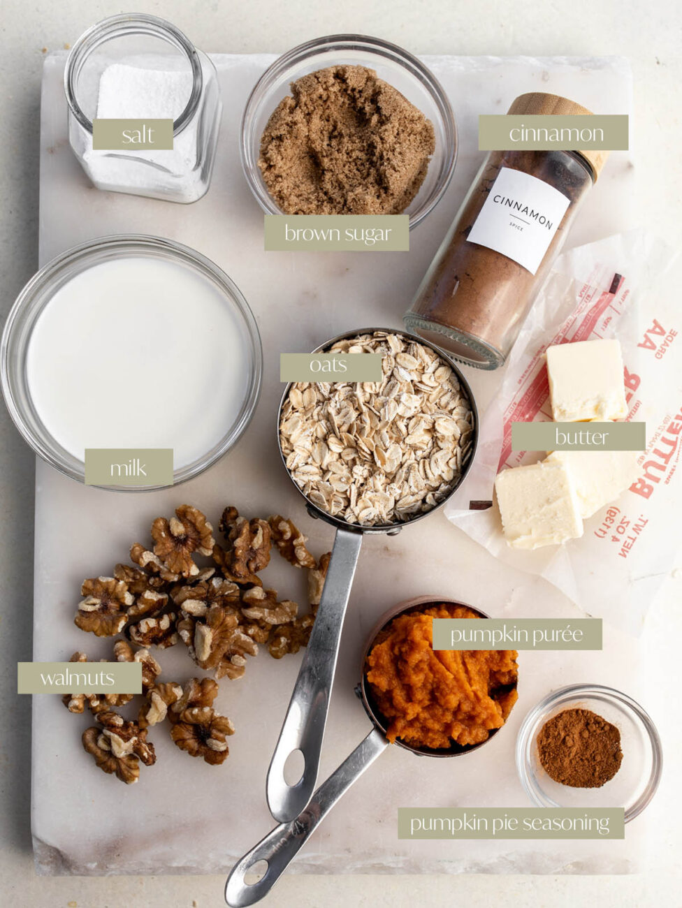 Pumpkin spice oatmeal labeled ingredients.