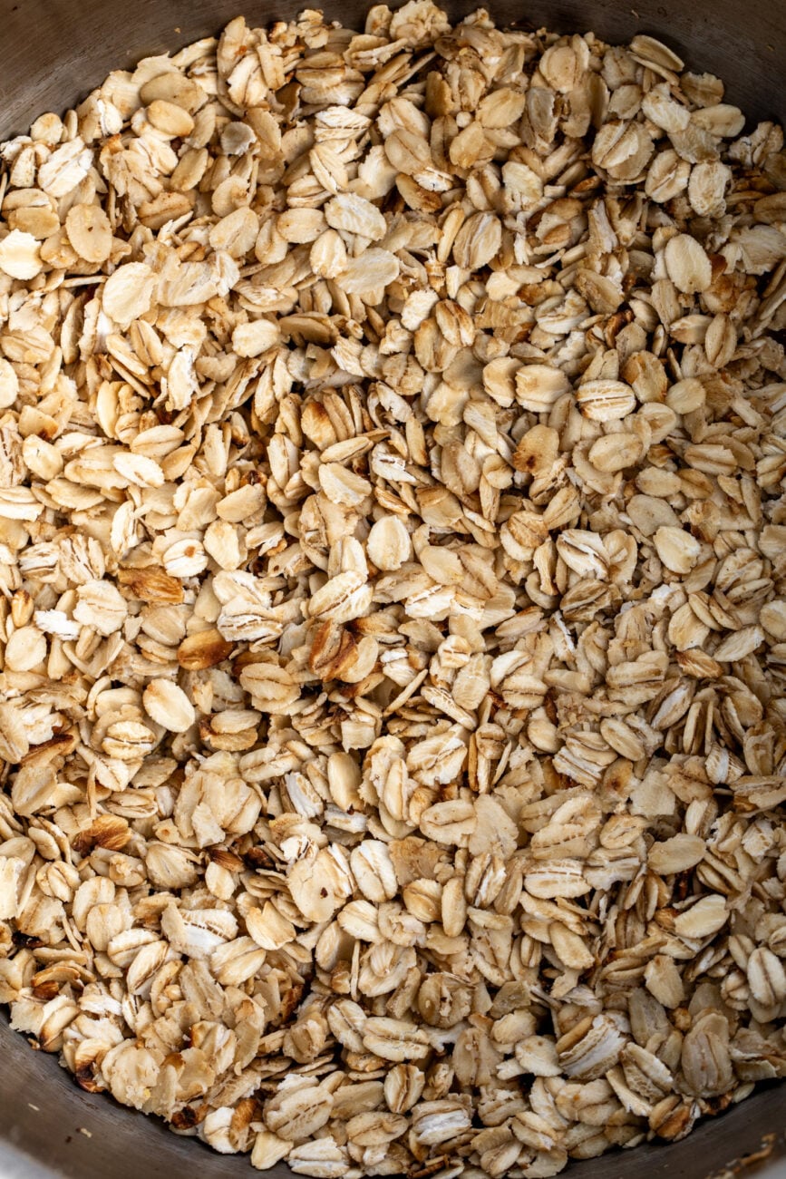 toasted oats in pan.