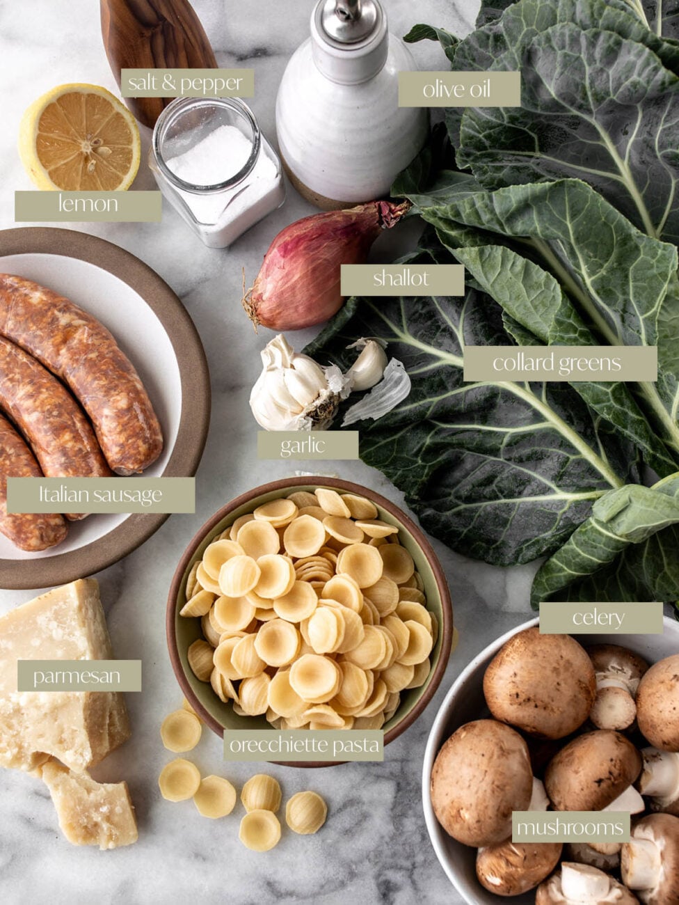 Sausage pasta with collard greens and mushrooms labeled ingredient photo.