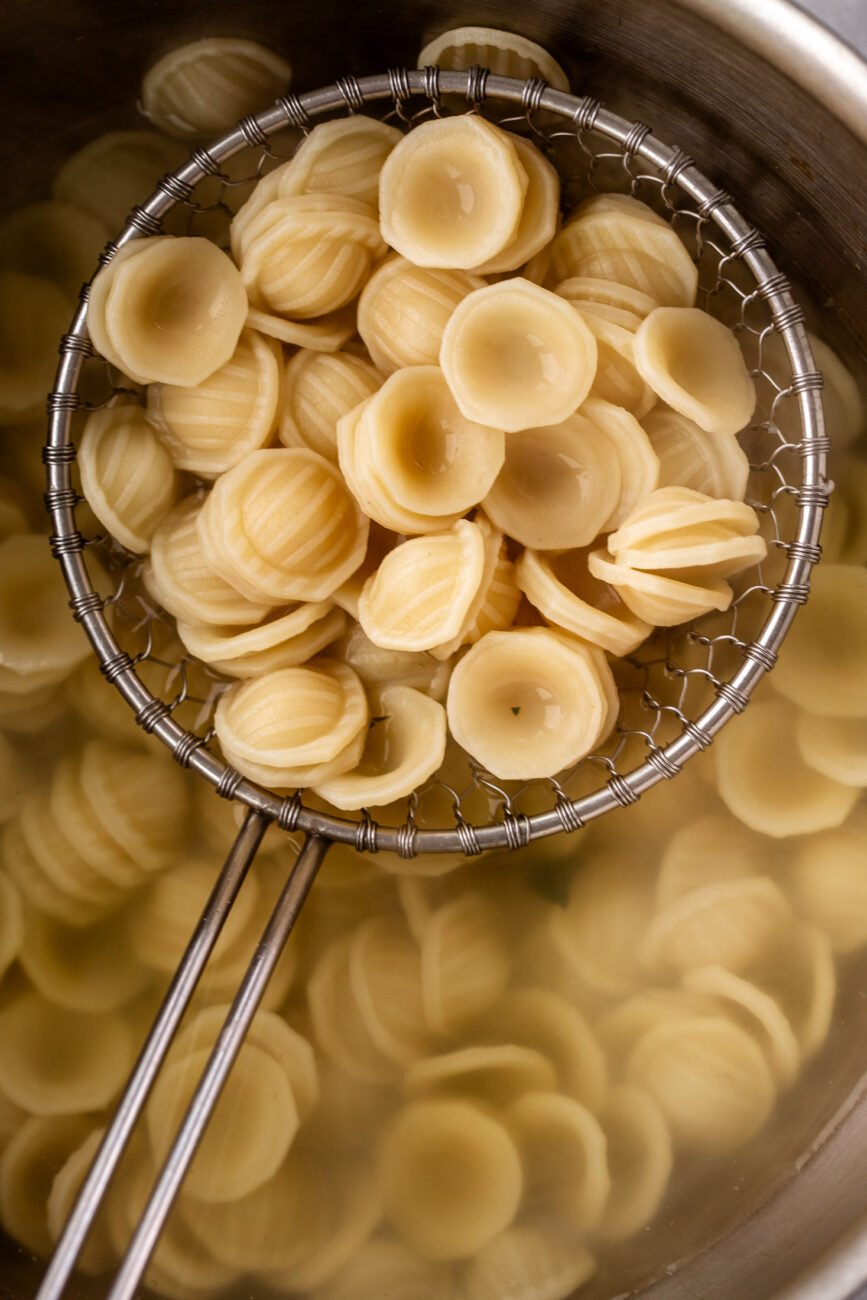cooked oreichette pasta.