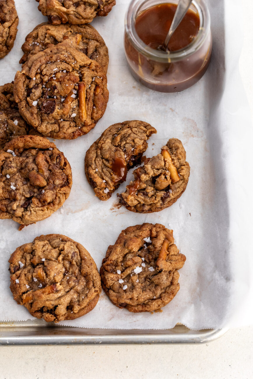 chocolate caramel peanut butter pretzel dough with sea salt.