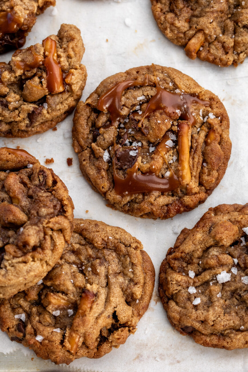 chocolate caramel peanut butter pretzel cookies.