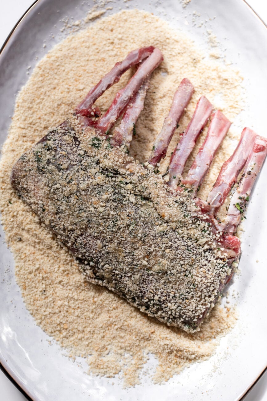 dredged rack of lamb in plain breadcrumbs.
