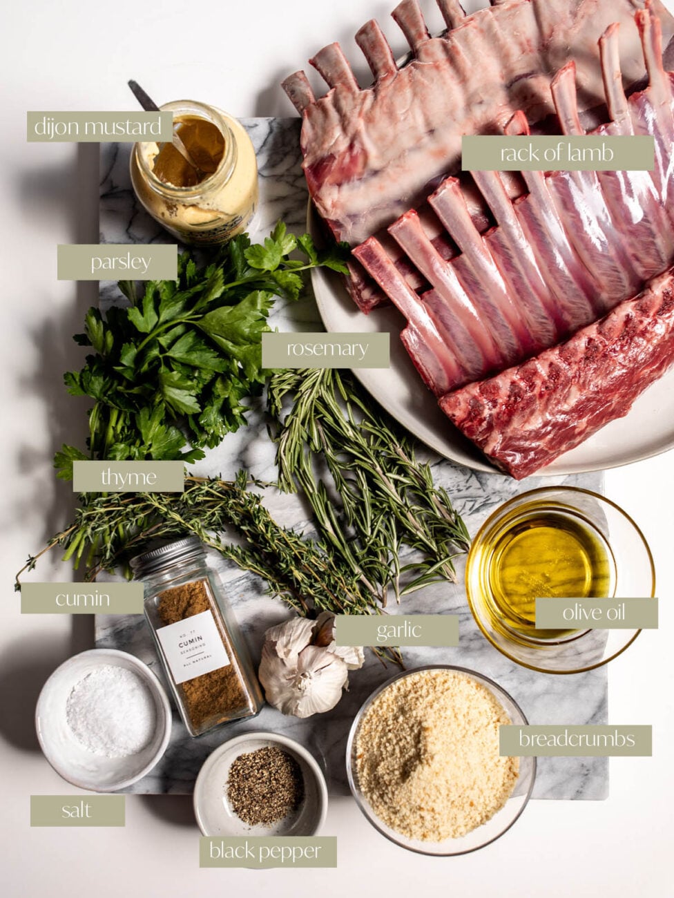 herb crusted rack of lamb labeled ingredient photo.
