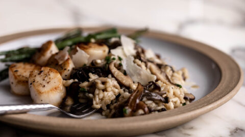 mixed mushroom risotto on ceramic plate with green beans and sautéed scallops