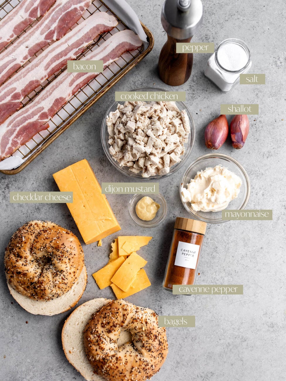 Chicken Salad Bagel Sandwich with Bacon labeled ingredient flatlay.