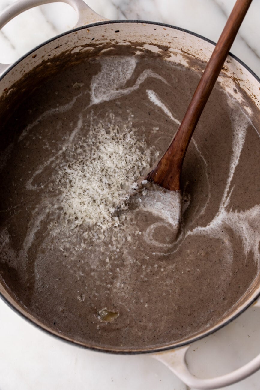 mushroom soup finished with cream, parmesan and brie cheese.
