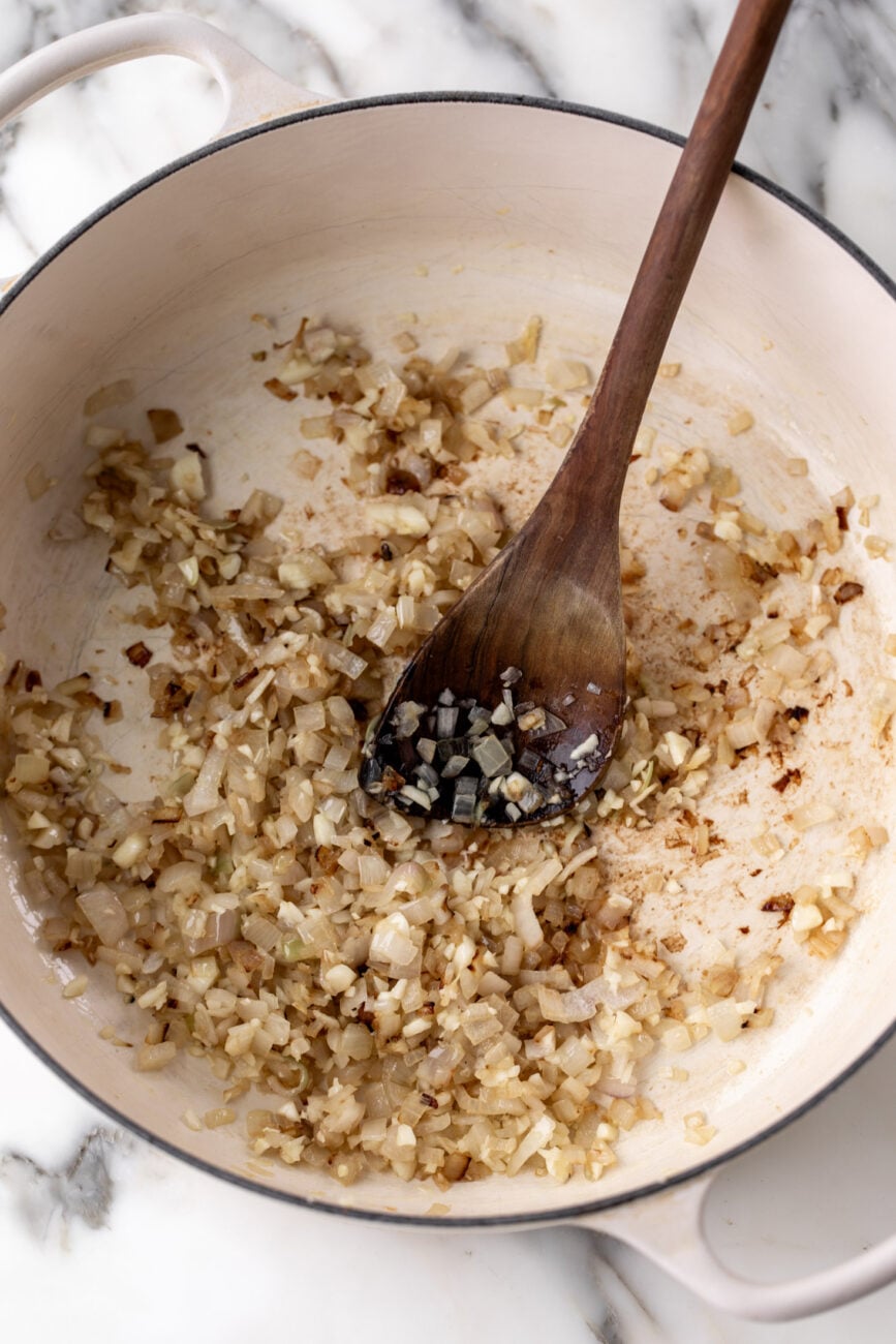 sautéed garlic and shallots in heavy bottomed pot.