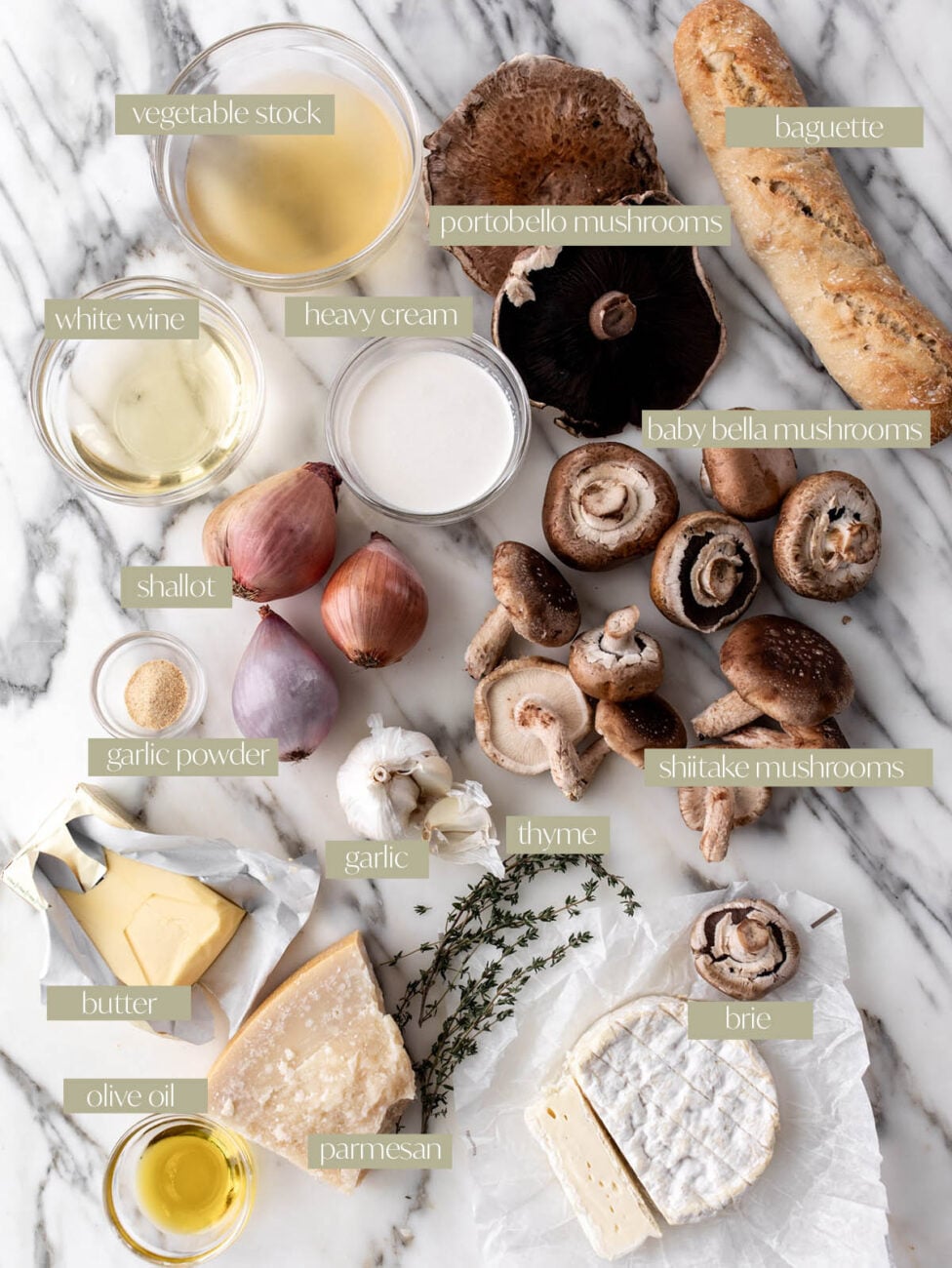 creamy mushroom soup with brie labeled ingredient photo.