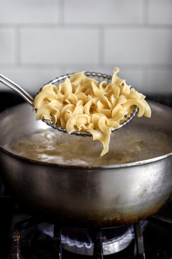 cooked egg noodles in strainer.