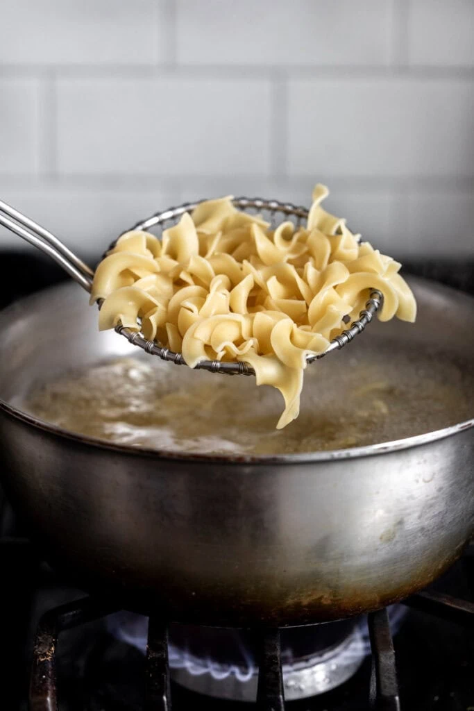 cooked egg noodles in strainer.