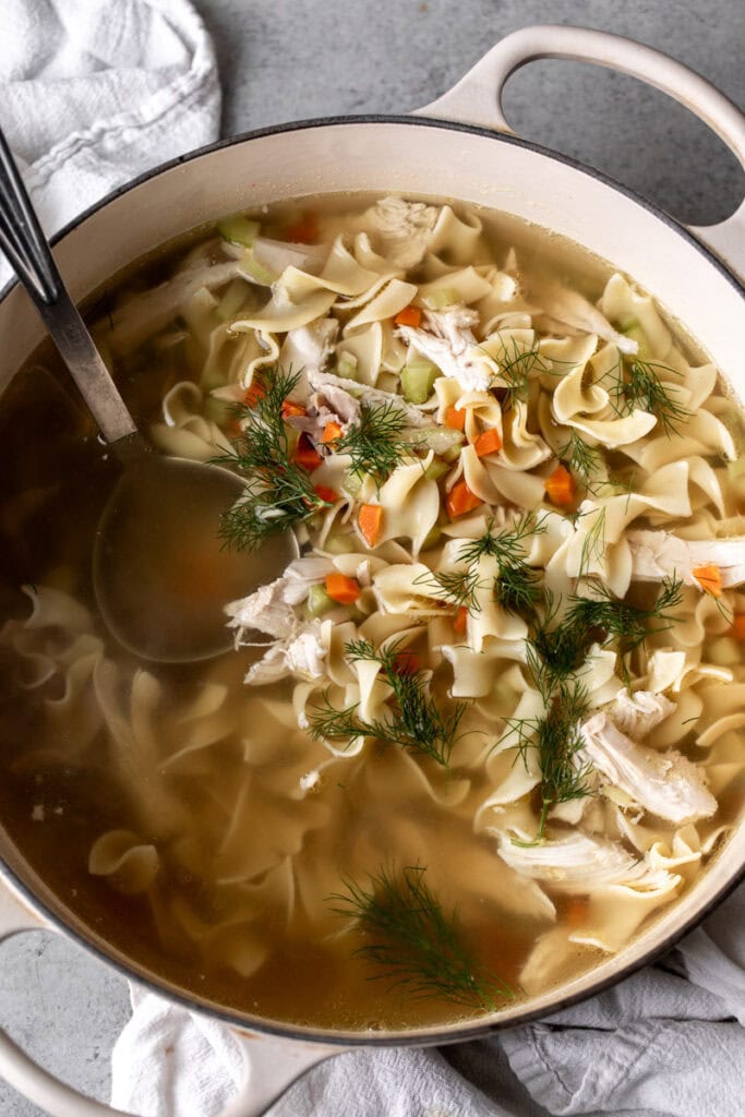 classic chicken noodle soup in pot garnished with dill.