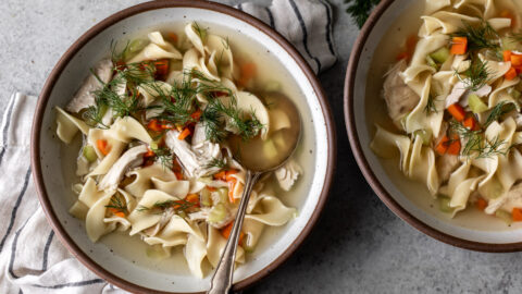 homemade old-school chicken noodle soup bowls.