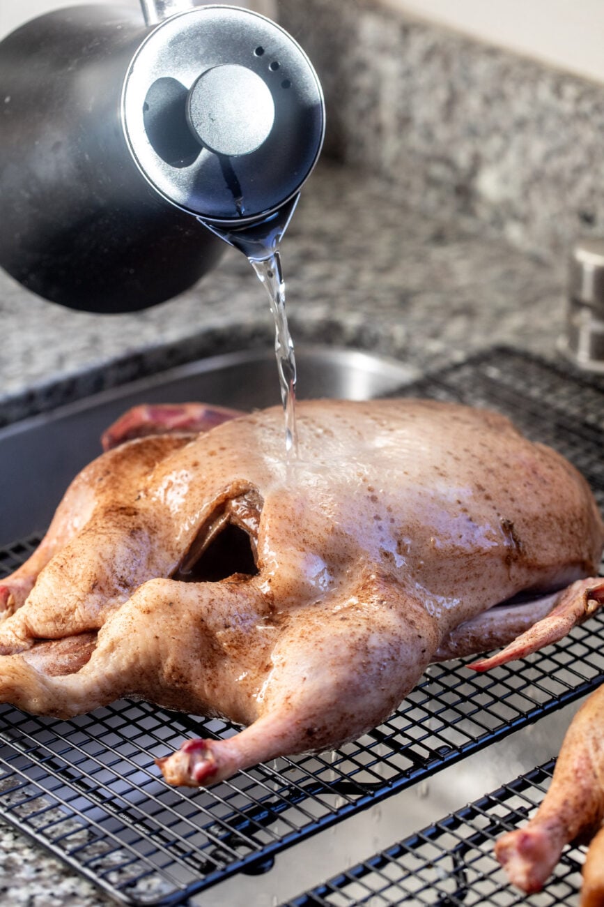hot water poured over whole duck to tighten skin.