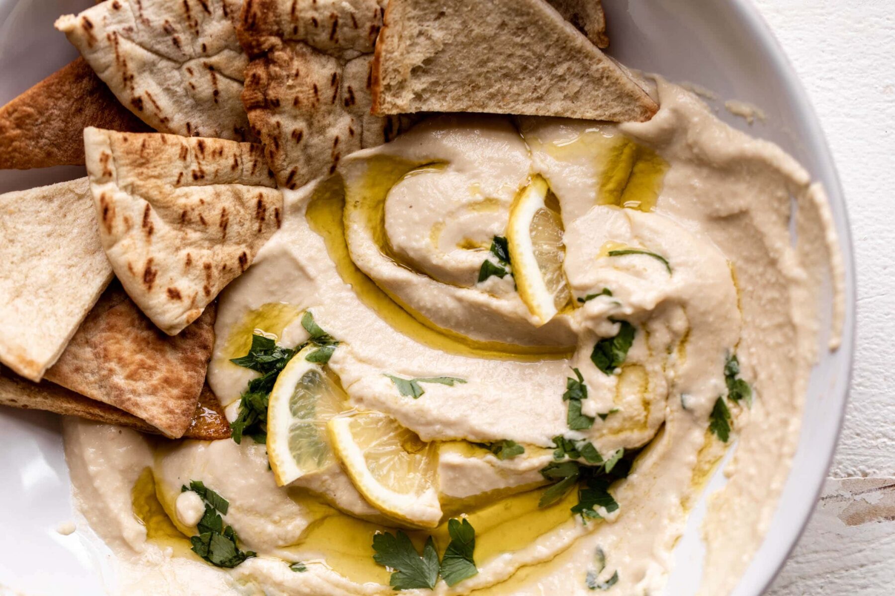 lemon garlic hummus with pita chips.