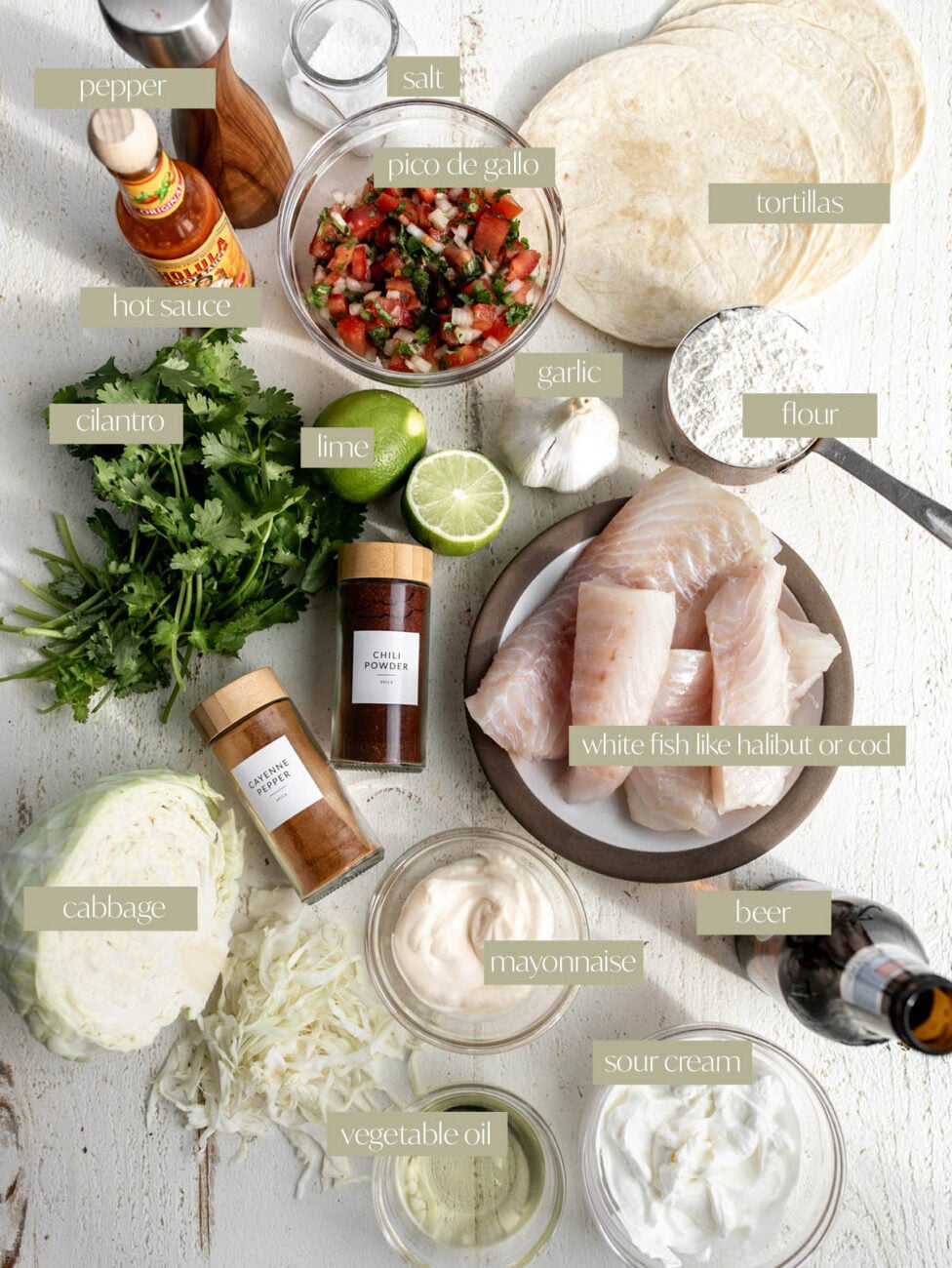 crispy beer battered baja fish tacos labeled ingredient photo.