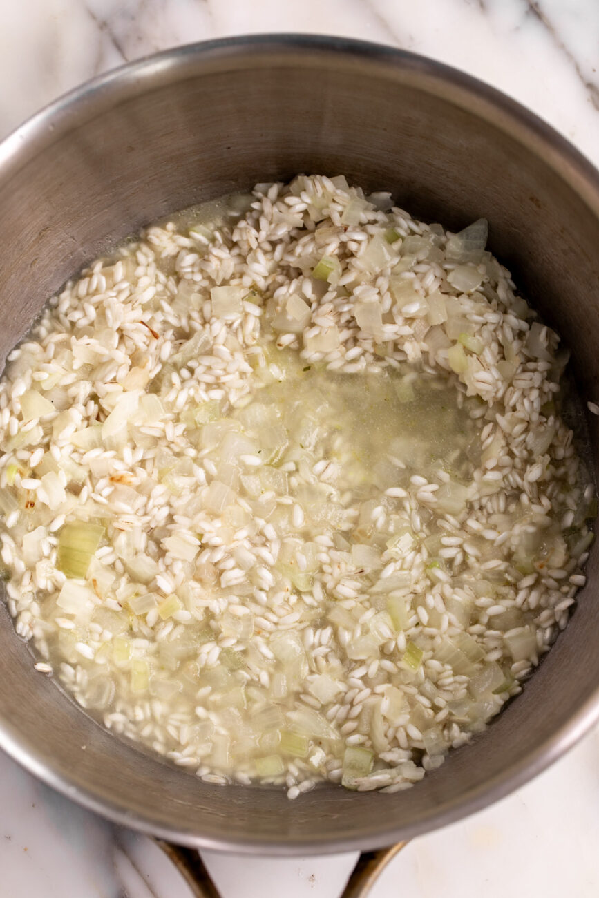 simmered onion and arborio rice with chicken stock risotto.