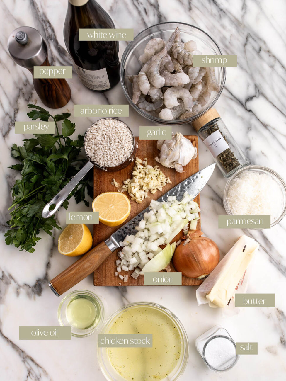 shrimp scampi risotto labeled ingredient flatlay.