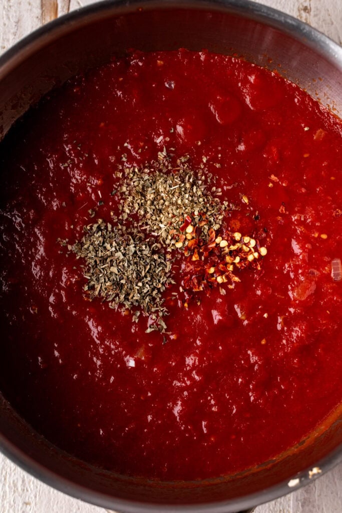 homemade marinara sauce with herbs.